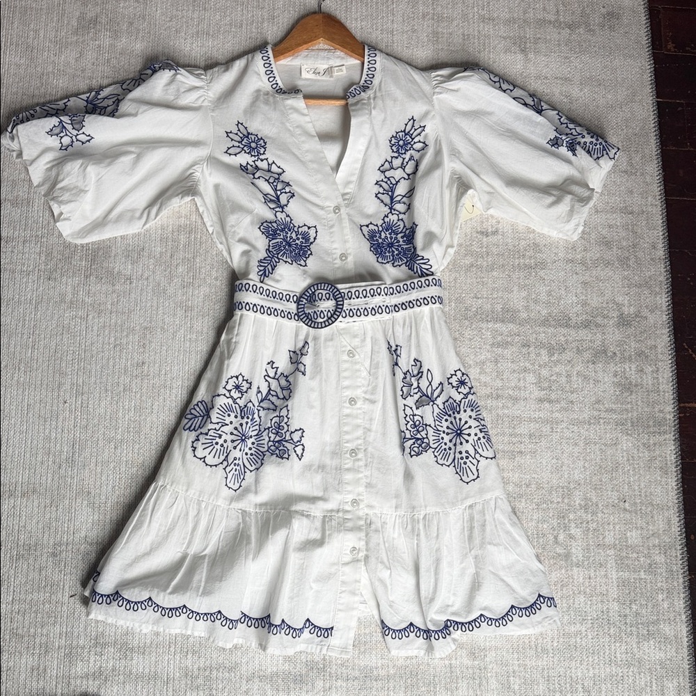 Brand new Eliza J White Midi Dress with Blue Embroidery